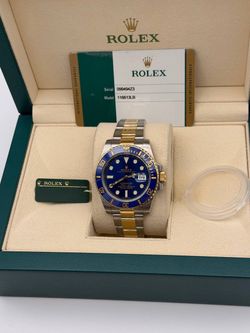 2016 Rolex Submariner 40mm Bluesy 18k yellow gold two tone stainless steel blue ceramic bezel blue dial 116613LB two tone oyster bracelet Watch card b