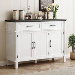 48 Inch Buffet Cabinet with Storage, Off White&Black Farmhouse Sideboard Buffet w/2 Drawers and 3 Doors, Wood Coffee Bar Cabinet with Adjustable Shelv