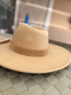 Tan Fedora Hat with Rhinestone Band