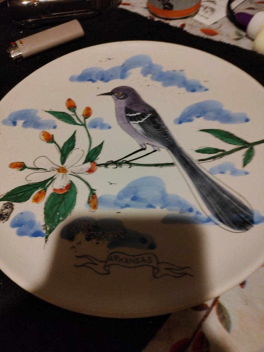 Vintage Mockingbird Apple blossom Hand Painted In Italy  Arkansas Bird Plate