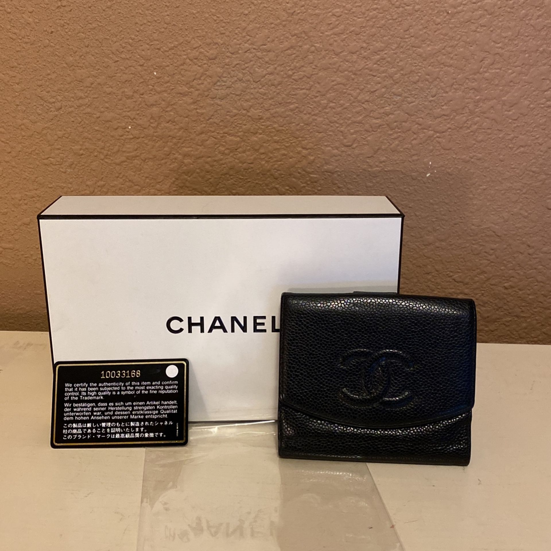 Chanel New Authentic C C Logo Black Caviar Skin All Leather Bifold Wallet With Serial Number Seal And Authenticity Card $300obo C My Page Ty