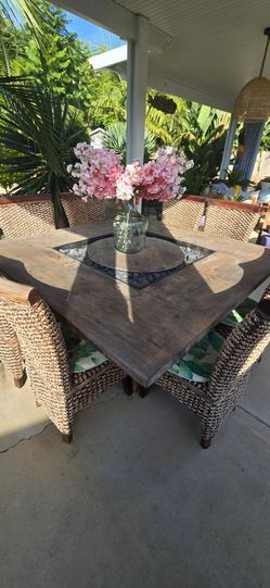 Wood Dining Table & 8 Seagrass Chairs