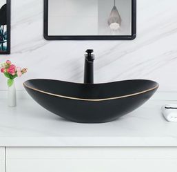 24.5” x 13.8” Matte Black Oval Vessel Sink with Gold Trim & Pop-Up Drain