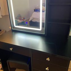 5-Drawers Black Wood LED Push-Pull Mirror Makeup Vanity Sets Dressing Table Sets with Stool and 3-Tier Storage Shelves