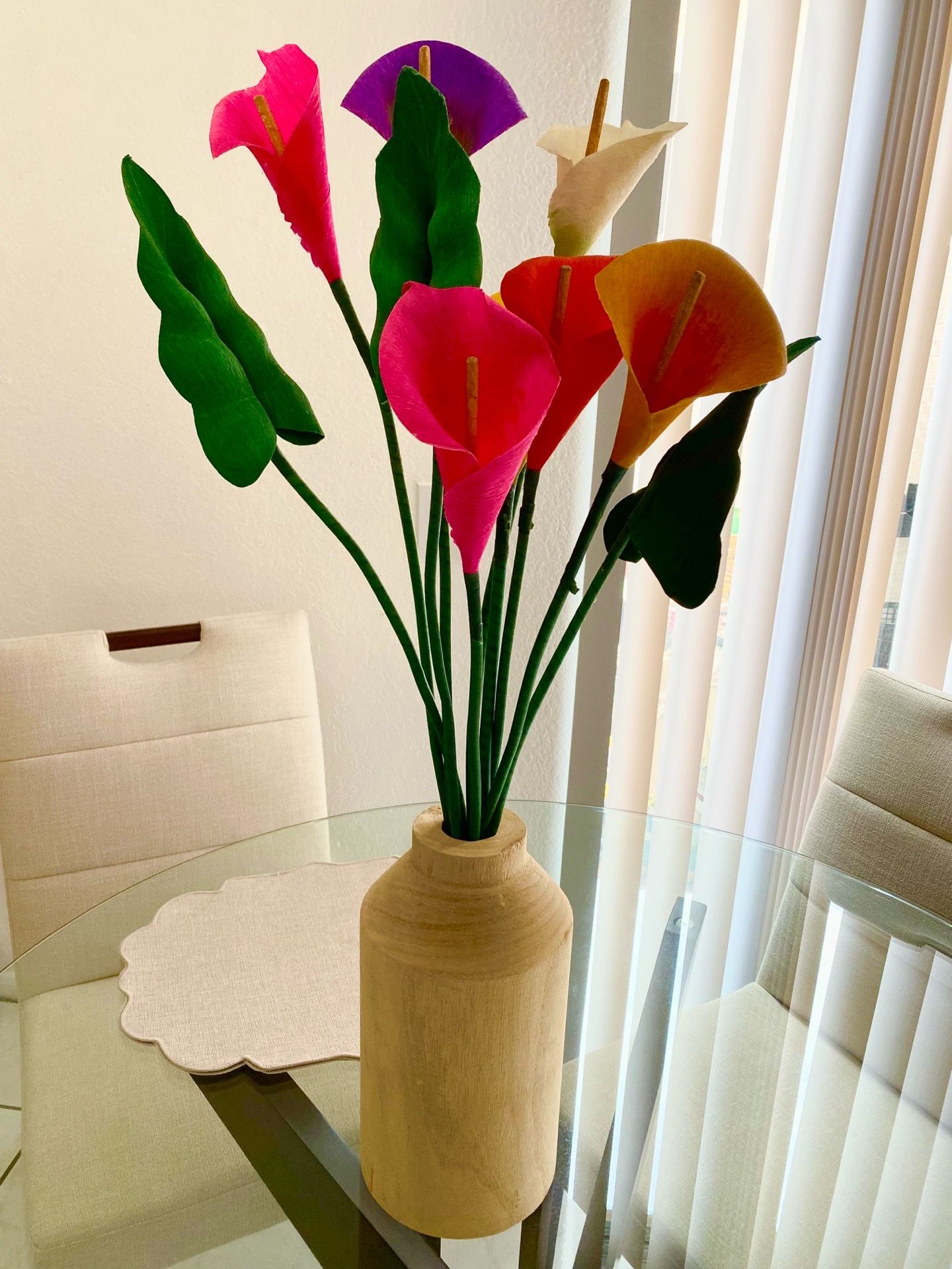Beautiful Artificial Calla Lily Floral Arrangement in a Wooden Vase, Mexican Style (34 inches tall)