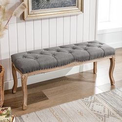 Bedroom Bench, French Vintage Tufted Entryway 45.2" Carving Upholstered End of Bed Bench with Distressed Wood Legs, Linen Ottoman Seat for Living Room