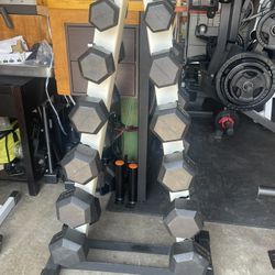 York rubber dumbbells with rack