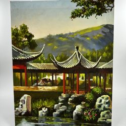 Chinese Landscape Oil On Canvas Painting Chinese Pagoda Water Scene Unframed