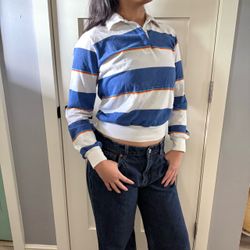 True Vintage 70s 80’s California Trends White & Blue Striped Rugby Longsleeve Shirt  Sz XS - SM