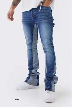 boohooMAN Skinny Flared Stacked Carpenter Gusset Washed Jeans (28R)