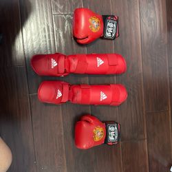 Kids 8oz boxing gloves and kids size small shin guards 