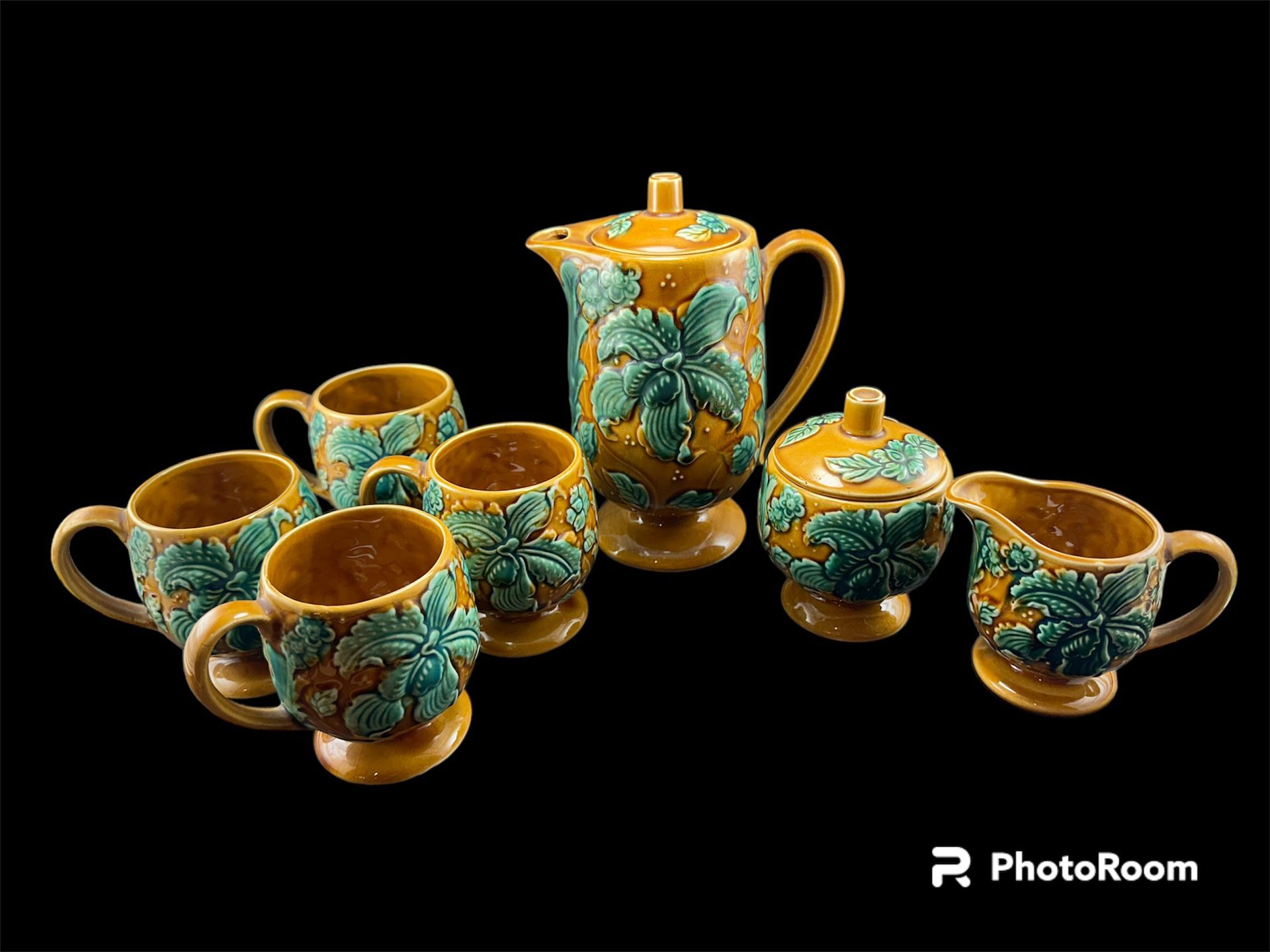 Vintage MCM Royal Sealy Tropical Flowers Coffee/Tea Pot, Creamer & Sugar, 4 Mugs SET
