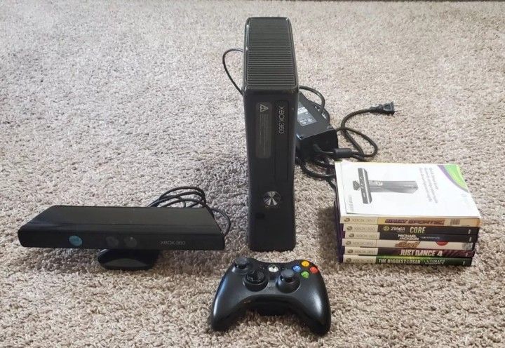 Microsoft Xbox 360 S 4GB Slim Console Model 1439 and Kinect Games Lot