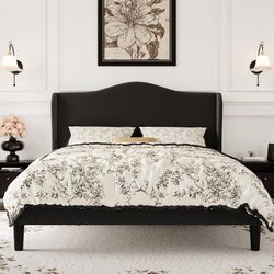 Queen Size Velvet Platform Bed Frame with Elegant Wingback Headboard, Modern & Luxurious Design, Sturdy Wooden Slats, No Box Spring Required, Easy Ass