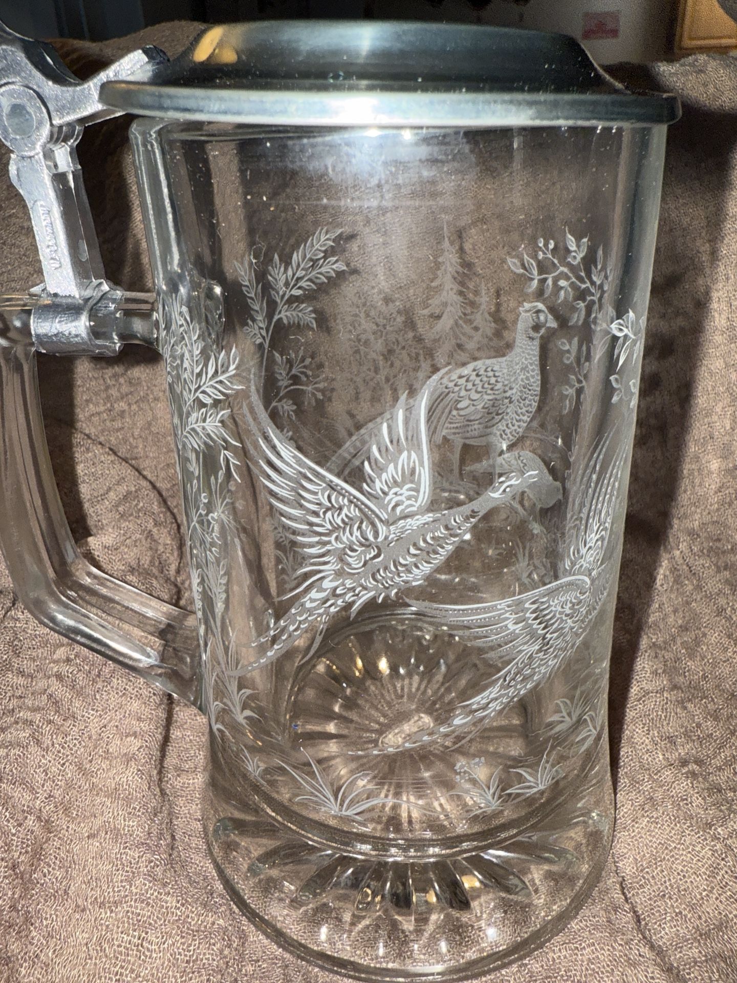 Vintage Etched Glass Beer Stein with Pewter Lid: Pheasant Decor