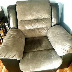 Large Oversized, Black Leather,greenish Grey Suede Recliner