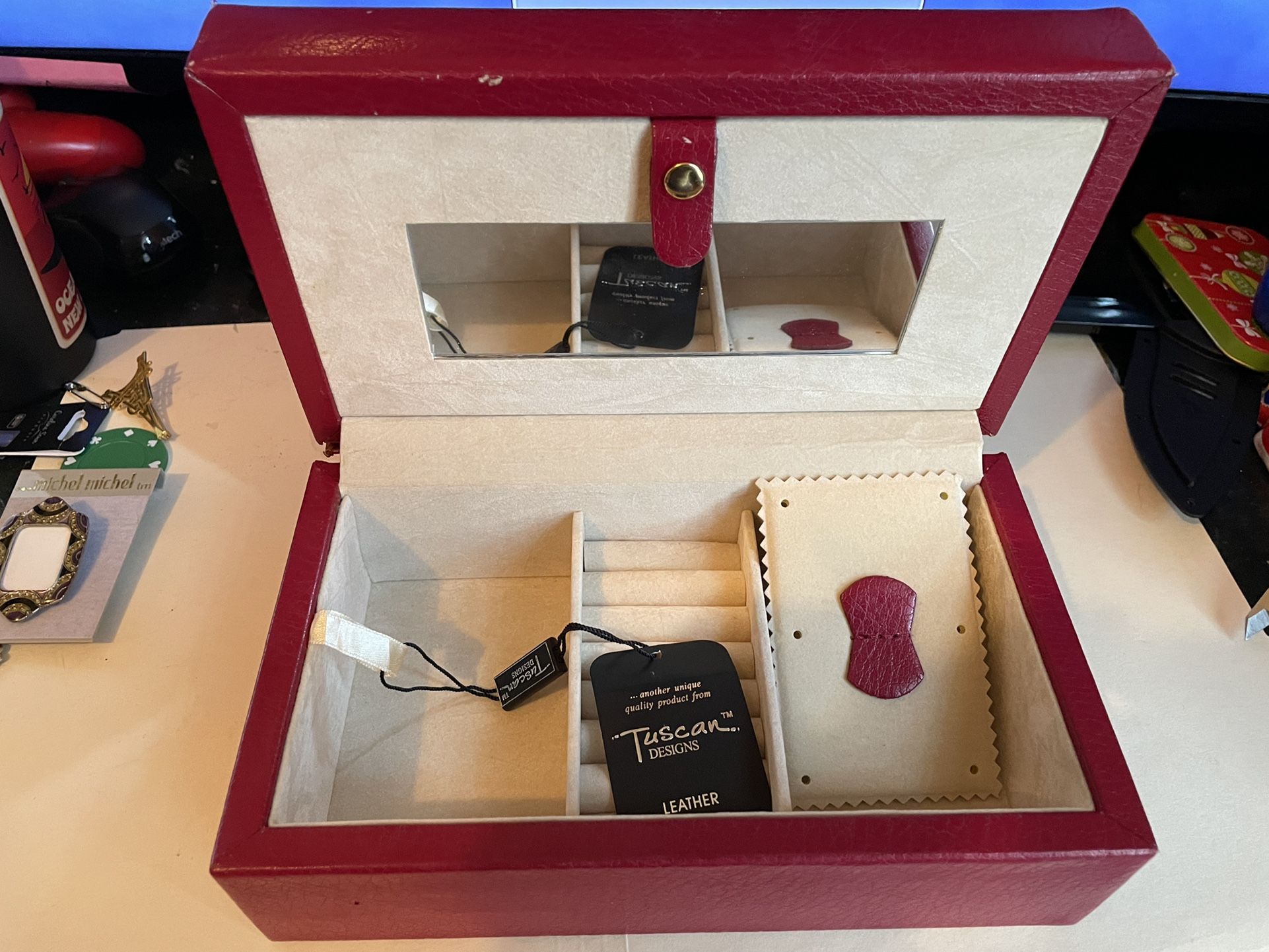 Tuscan Designs Red Leather Jewelry Box, Has Space For Rings, And Mirror