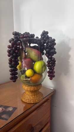 Glass Vase with Wicker Base and Faux Fruit