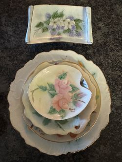 Vintage Hand-Painted Porcelain Plate & Tray Set (6 Pieces) - Signed By Artist