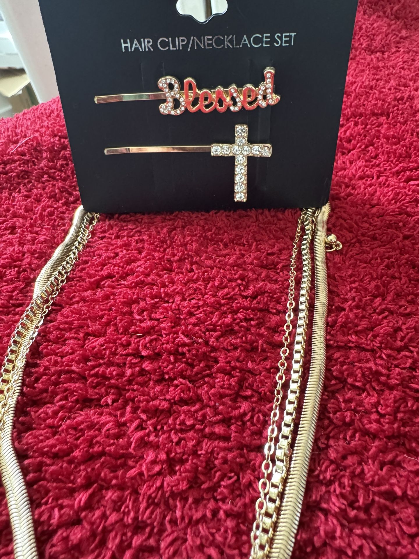 Hair Clip/Necklace Set Blessed Cross Costume Jewelry Gold Tone