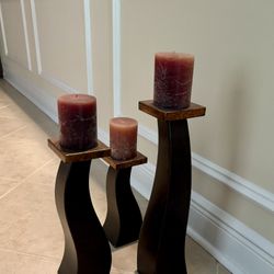 3 Wood Candle Holders with Candles