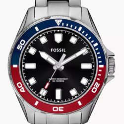 Fossil Silver Watch with Black Dial and Red-Blue Bezel
