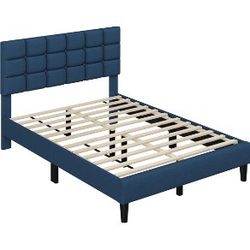 Upholstered Bed Frame, Modern Platform Bed Frame with Square Tufted Headboard, Strong Wooden Slats Support Height Adjustable