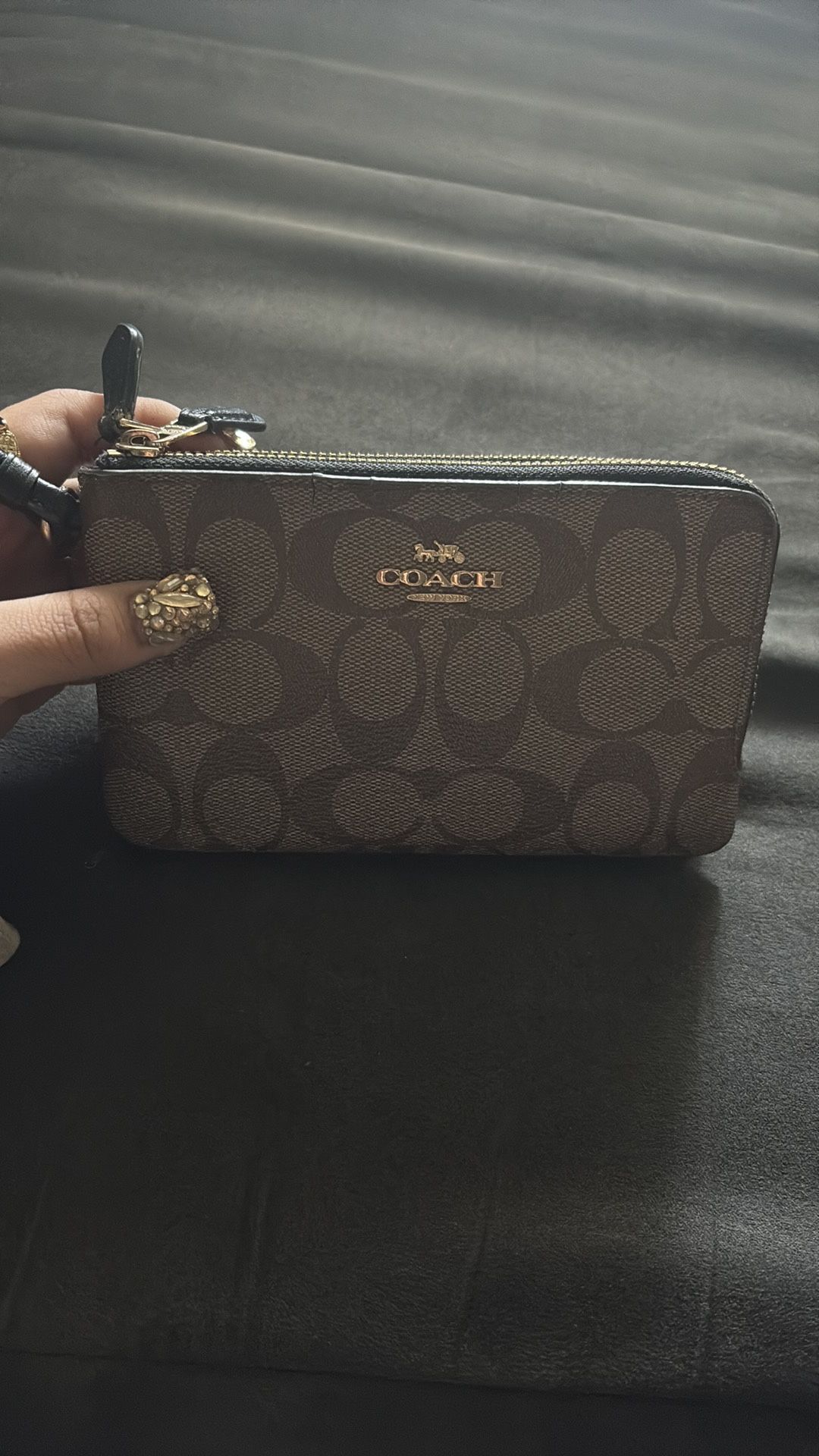 Coach Signature Brown Wristlet with Gold Details