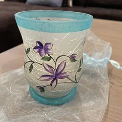 Purple Flower Glass Flameless Candle Holder w/ Flameless Candle