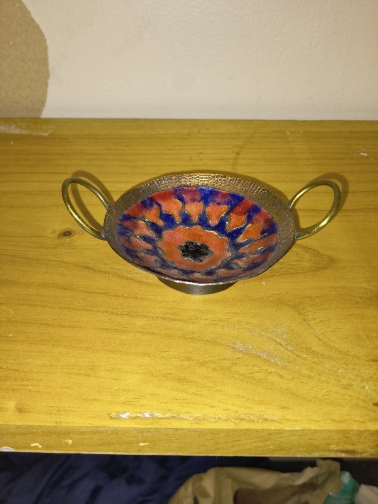 Vintage Copper Enamel Floral Dish 