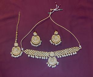 Studded Choker Necklace with Maang Tikka Earrings Set