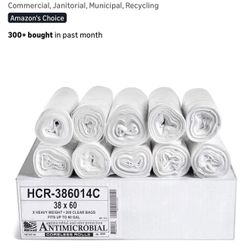 Aluf Plastics High Density Trash Bags, 60 Gallon, 190 Count, 14 Micron (eq), 38" x 60", Clear, for Bathroom, Office, Industrial, Commercial, Janitoria