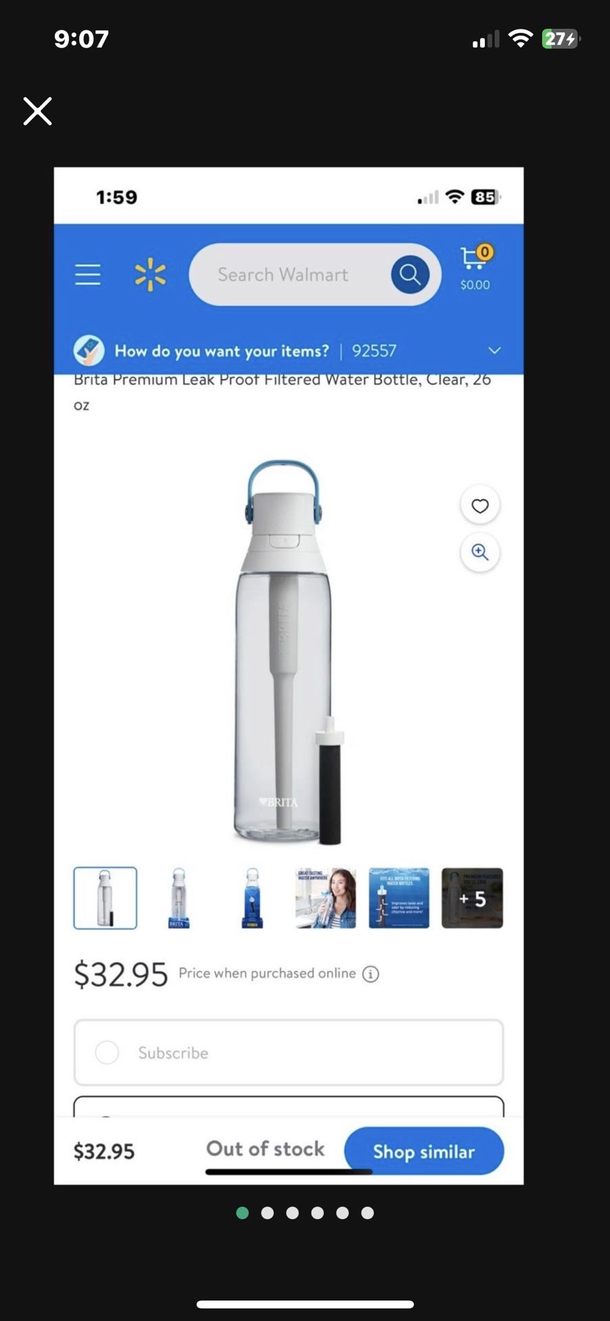 Brita Premium Leak Proof Filtered Water Bottle, Clear, 26 oz