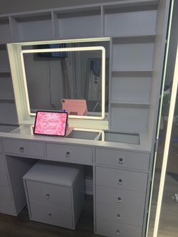 White Vanity Desk with LED Mirror and Drawers