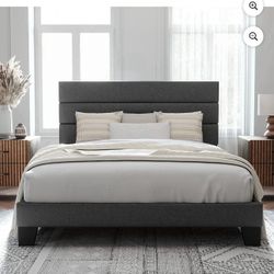 Queen Size Platform Bed Frame with Fabric Upholstered Headboard and Wooden Slats Support, Fully Upholstered Mattress Foundation/No Box Spri