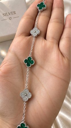 925 Silver van cleef Clover Bracelet with Malachite and CZ