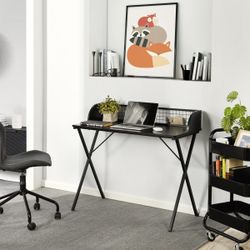 Homy Casa  Ava X-shaped Office Desk Writing Table with Mesh Metal Frame,Black 39.3in