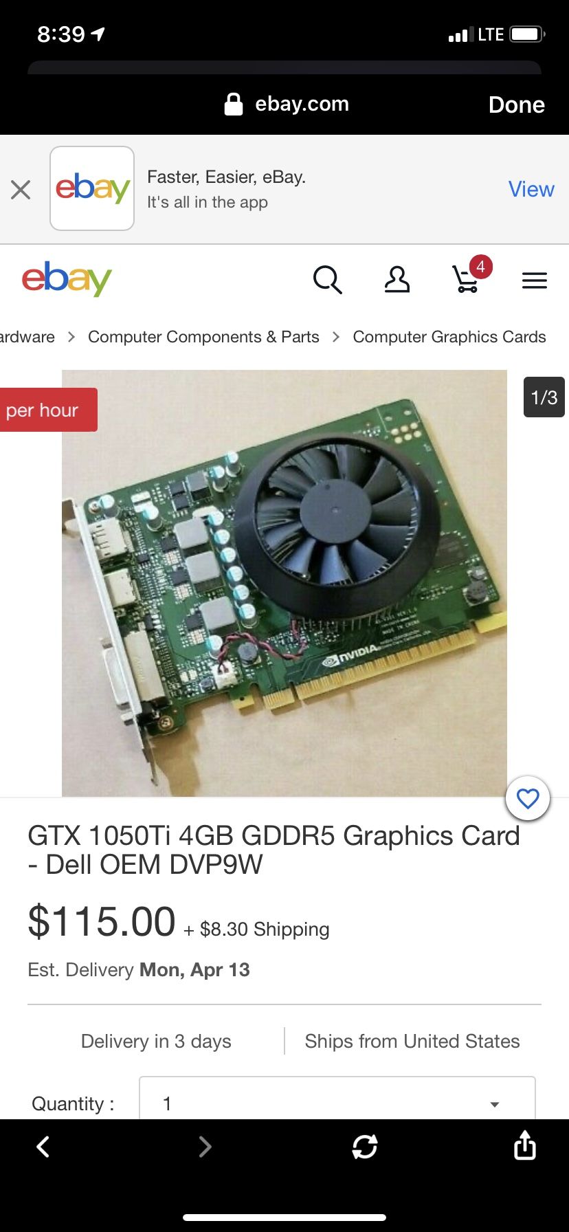 Gtx 1050Ti graphic card 4Gb (Dell OEM)