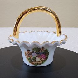 Vintage BRINTON Bone China Courting Couple Open SALT Handled Basket Gold Accent