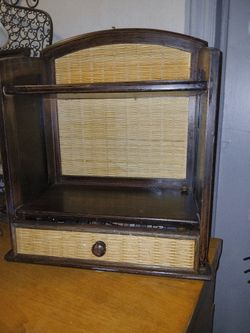 Vintage Wooden One Drawer Shelf W/rattan Wicker Accents