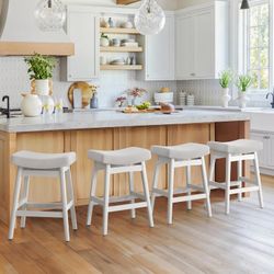 Set of 5 Bar Stools Sturdy Wood Leg’s, Saddle Seat Counter Height Bar Stools 24 Inch Counter Stools, Fabric