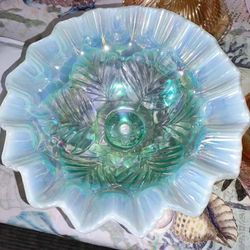 Beautiful Teal Pearlescent Carnival Glass Candy Dish Like New