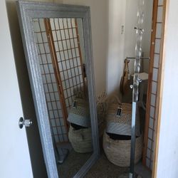 Silver Glitter Mirror, Acrylic Coat Stand, Silver Trim Basket (TJ Maxx) & Basket (World Market)