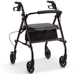 Rollator Walker with Seat, Foldable Rolling Medical Walker with 6" Wheels, Aluminum Frame Supports Up to 300 lbs, Burgundy