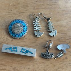 REAL Silver Sombrero Earrings, Fish Earrings, Money Clip, Aztec Button