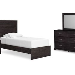 Twin Bed With Mirror, Dresser, And Nightstand.