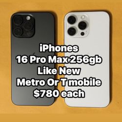 iPhones 16 Pro Max White Or Black. $780 Each Like New For Metro Or T mobile