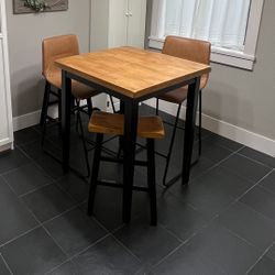 Tall Wooden Table + Chairs + Stools