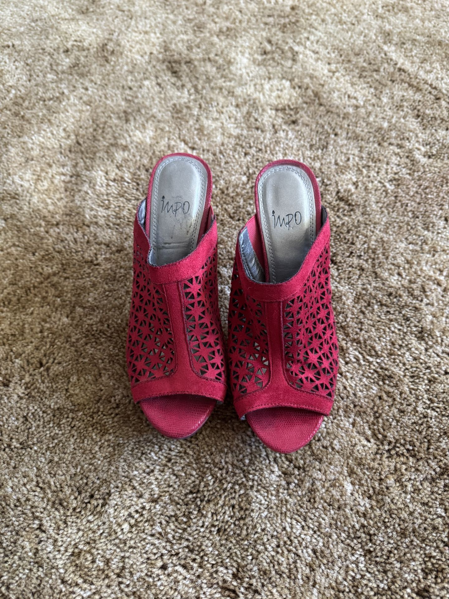 Red IMPO open-toe, cutout design high heels; excellent condition