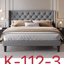 King Size Upholstered Platform Bed Frame with Wingback Headboard（112-3）